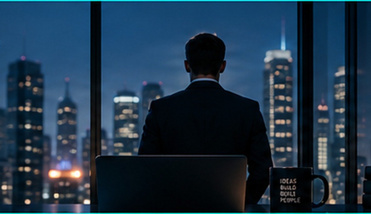 Business leader working with technology overlooking a city skyline
